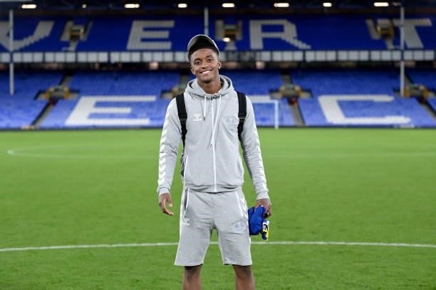 Demarai Gray of Everton poses for a photo after the Premier League match between Everton and Burnley at Goodison Park on September 13, 2021 in...