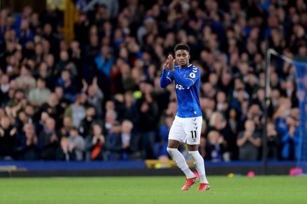 Demarai Gray of Everton applauds the fans during the Premier League match between Everton and Burnley at Goodison Park on September 13, 2021 in...