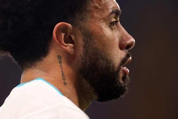 Tattoo reading ' Believe ' on the neck of Claudinho of Zenit Saint Petersburg during the UEFA Champions League group H match between Chelsea FC and...