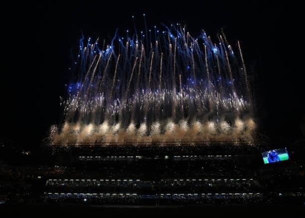General view inside the stadium as fireworks are displayed ahead of the UEFA Champions League group H match between Chelsea FC and Zenit St....