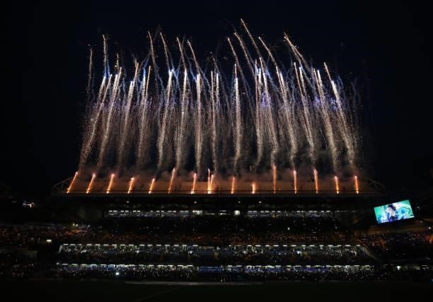 General view inside the stadium as fireworks are displayed ahead of the UEFA Champions League group H match between Chelsea FC and Zenit St....