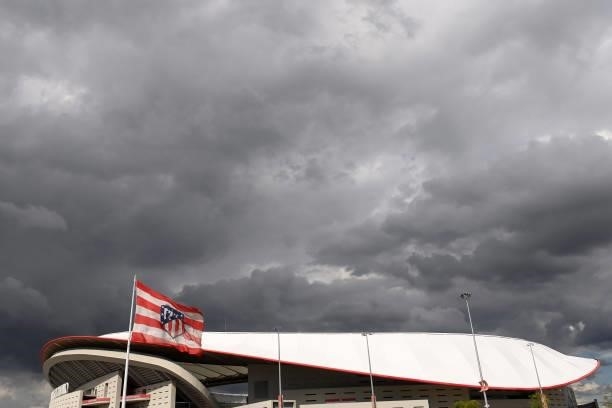 General view outside the stadium as the Atletico Madrid flag is seen prior to the UEFA Champions League group B match between Atletico Madrid and FC...