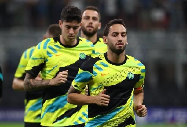 Hakan Calhanoglu of FC Internazionale during the warm up prior to the UEFA Champions League group D match between Inter and Real Madrid at Giuseppe...