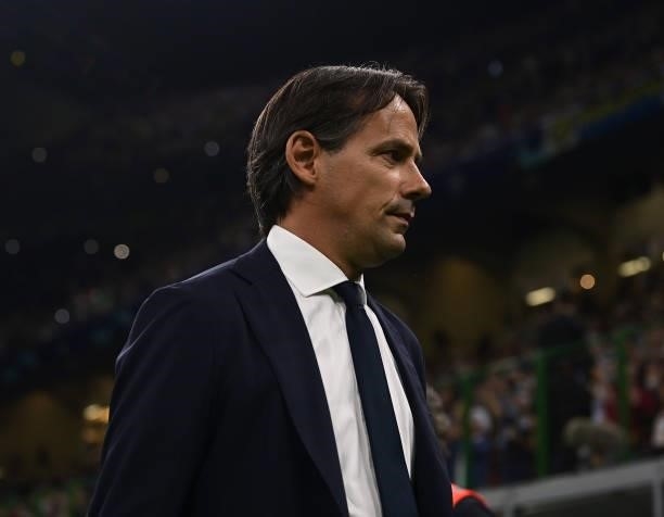 Head coach of FC Internazionale Simone Inzaghi looks on before the UEFA Champions League group D match between Inter and Real Madrid at Giuseppe...