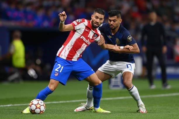 Yannick Ferreira Carrasco of Atletico Madrid battles for possession with Jesus Manuel Corona of FC Porto during the UEFA Champions League group B...