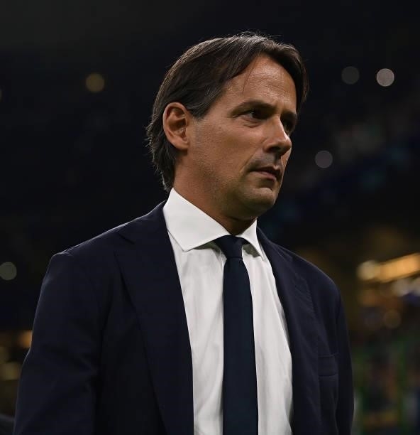 Head coach of FC Internazionale Simone Inzaghi looks on before the UEFA Champions League group D match between Inter and Real Madrid at Giuseppe...
