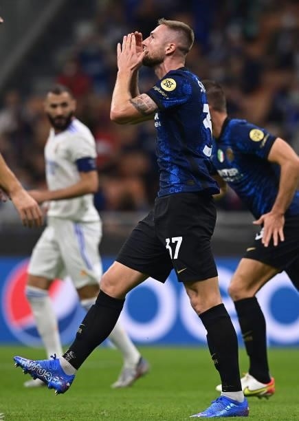 Milan Skriniar of FC Internazionale reacts during the UEFA Champions League group D match between Inter and Real Madrid at Giuseppe Meazza Stadium on...