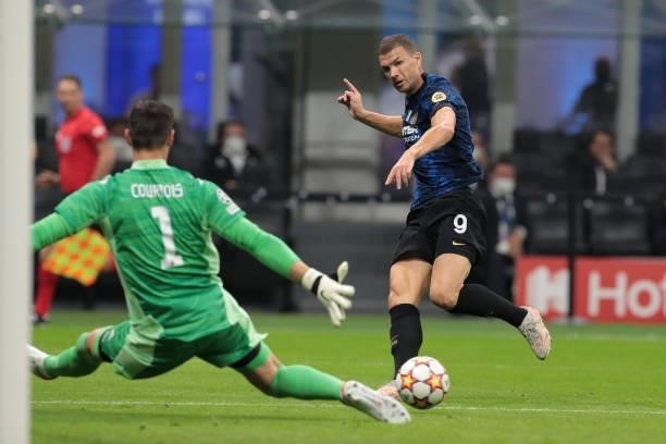 Edin Dzeko of FC Internazionale in action during the UEFA Champions League group D match between Inter and Real Madrid at Giuseppe Meazza Stadium on...