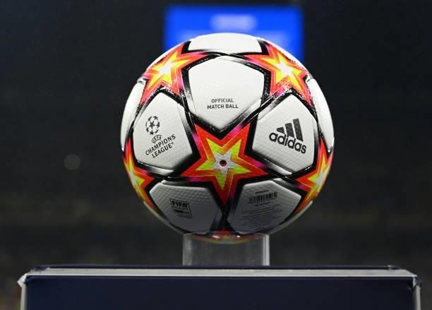 The official match ball is seen inside the stadium prior to the UEFA Champions League group D match between Inter and Real Madrid at Giuseppe Meazza...