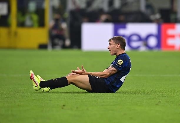 Nicolo Barella of FC Internazionale reacts during the UEFA Champions League group D match between Inter and Real Madrid at Giuseppe Meazza Stadium on...