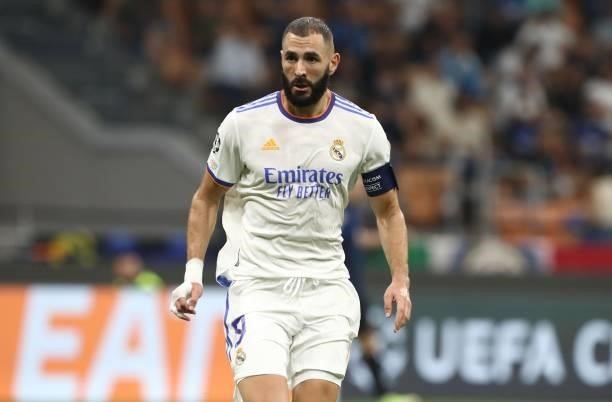 Karim Benzema of Real Madrid looks on during the UEFA Champions League group D match between Inter and Real Madrid at Giuseppe Meazza Stadium on...