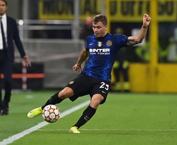 Nicolo Barella of FC Internazionale in action during the UEFA Champions League group D match between Inter and Real Madrid at Giuseppe Meazza Stadium...