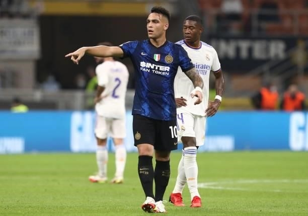 Lautaro Martinez of FC Internazionale gestures during the UEFA Champions League group D match between Inter and Real Madrid at Giuseppe Meazza...