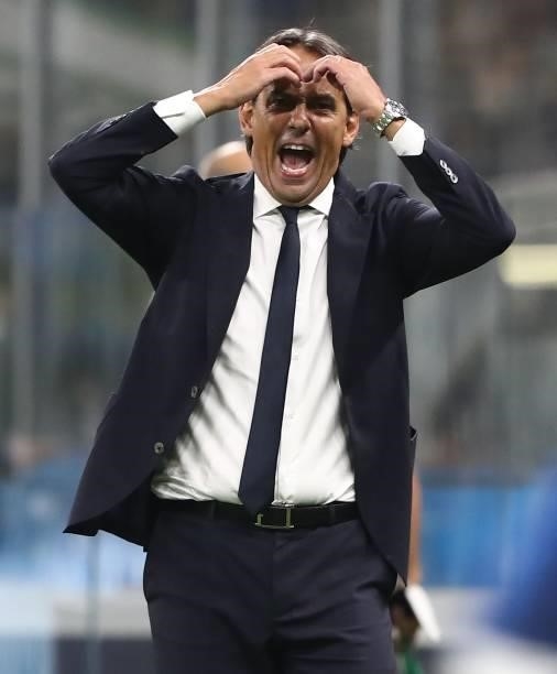 Internazionale coach Simone Inzaghi reacts during the UEFA Champions League group D match between Inter and Real Madrid at Giuseppe Meazza Stadium on...
