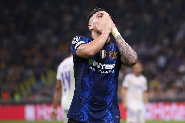 Lautaro Martinez of FC Internazionale reacts after missing a chance toscore during the UEFA Champions League group D match between Inter and Real...