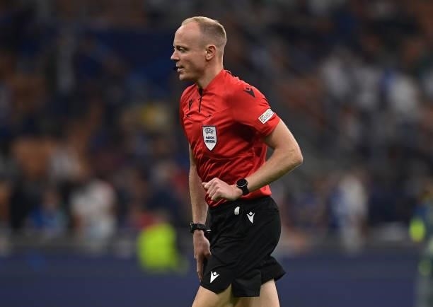 Referee in action during the UEFA Champions League group D match between Inter and Real Madrid at Giuseppe Meazza Stadium on September 15, 2021 in...