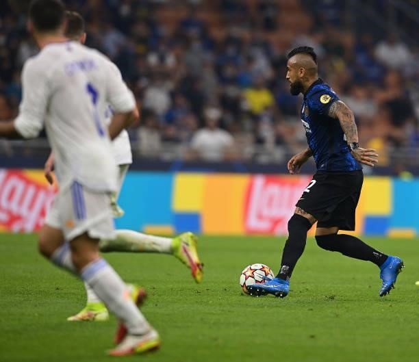 Arturo Vidal of FC Internazionale in action during the UEFA Champions League group D match between Inter and Real Madrid at Giuseppe Meazza Stadium...