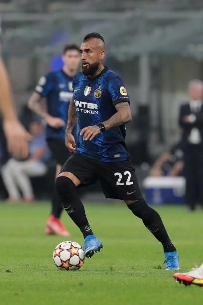 Arturo Vidal of FC Internazionale in action during the UEFA Champions League group D match between Inter and Real Madrid at Giuseppe Meazza Stadium...