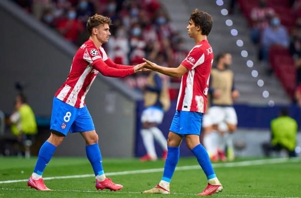 Antoine Griezmann of Atletico Madrid substitutes Joao Felix of Atletico de Madrid during the UEFA Champions League group B match between Atletico...