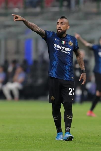 Arturo Vidal of FC Internazionale gestures during the UEFA Champions League group D match between Inter and Real Madrid at Giuseppe Meazza Stadium on...