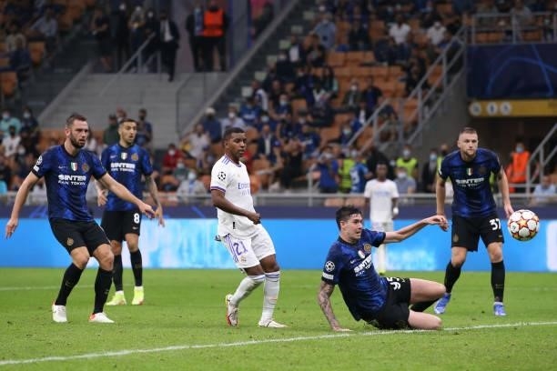 Rodrygo of Real Madrid scores a late goal to give the side a 1-0 lead during the UEFA Champions League group D match between Inter and Real Madrid at...