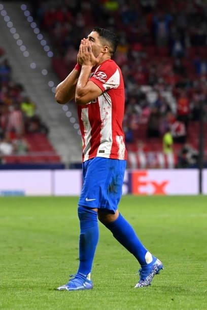 Luis Suarez of Atletico Madrid reacts during the UEFA Champions League group B match between Atletico Madrid and FC Porto at Wanda Metropolitano on...