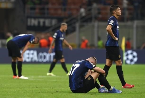 Milan Skriniar of FC Internazionale shows his dejection at the end of the UEFA Champions League group D match between Inter and Real Madrid at...