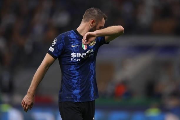Stefan de Vrij of FC Internazionale reacts during the UEFA Champions League group D match between Inter and Real Madrid at Giuseppe Meazza Stadium on...