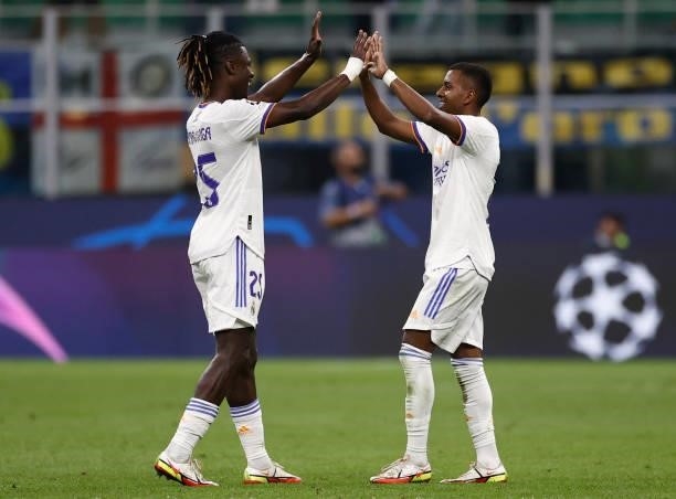 Rodrygo Goes of Real Madrid celebrates a goal with teammate Eduardo Camavinga during the UEFA Champions League group D match between Inter and Real...