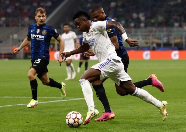 Vini Jr. Of Real Madrid in action during the UEFA Champions League group D match between Inter and Real Madrid at Giuseppe Meazza Stadium on...