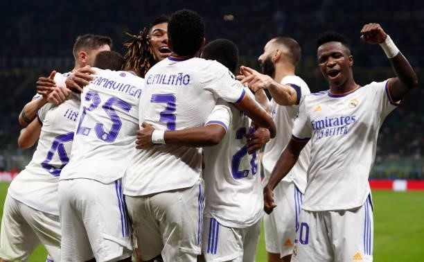 Real Madrid celebrates during the UEFA Champions League group D match between Inter and Real Madrid at Giuseppe Meazza Stadium on September 15, 2021...