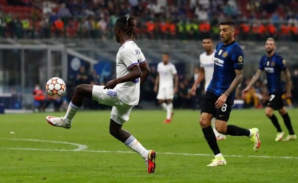 Eduardo Camavinga of Real Madrid in action during the UEFA Champions League group D match between Inter and Real Madrid at Giuseppe Meazza Stadium on...