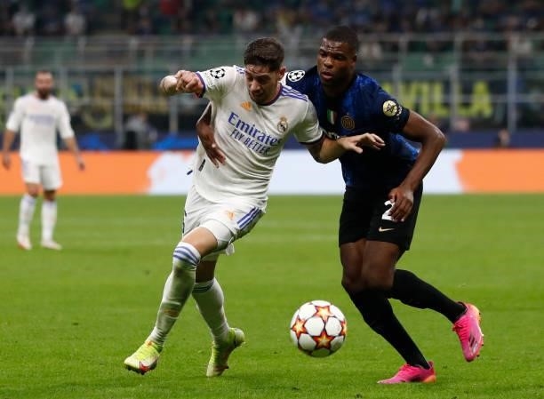 Federico Valverde of Real Madrid in action during the UEFA Champions League group D match between Inter and Real Madrid at Giuseppe Meazza Stadium on...