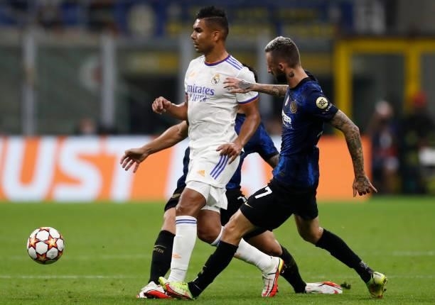 Carlos Casemiro of Real Madrid in action during the UEFA Champions League group D match between Inter and Real Madrid at Giuseppe Meazza Stadium on...