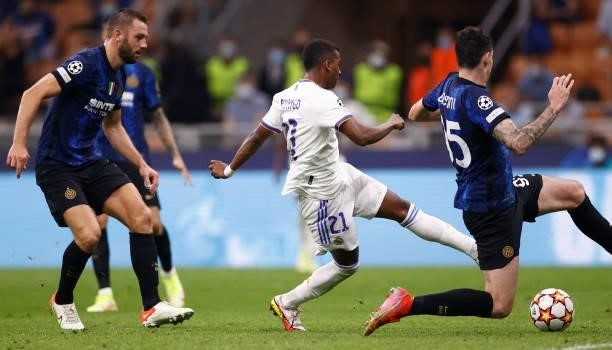 Rodrygo Goes of Real Madrid in action during the UEFA Champions League group D match between Inter and Real Madrid at Giuseppe Meazza Stadium on...