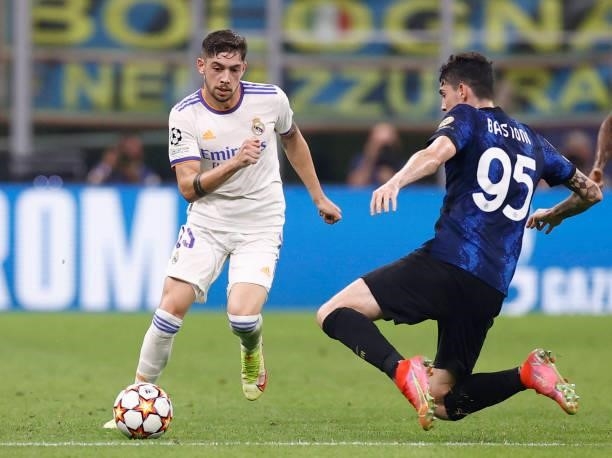 Federico Valverde of Real Madrid in action during the UEFA Champions League group D match between Inter and Real Madrid at Giuseppe Meazza Stadium on...