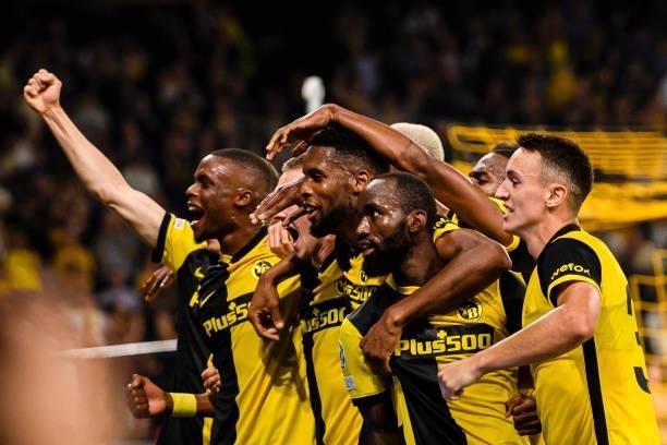 Nicolas Moumi of Young Boys celebrates his goal with his teammates during the UEFA Champions League group F match between BSC Young Boys and...