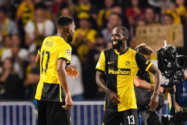 Jordan Siebatcheu of Young Boys and Nicolas Moumi of Young Boys celebrates with his teammates during the UEFA Champions League group F match between...