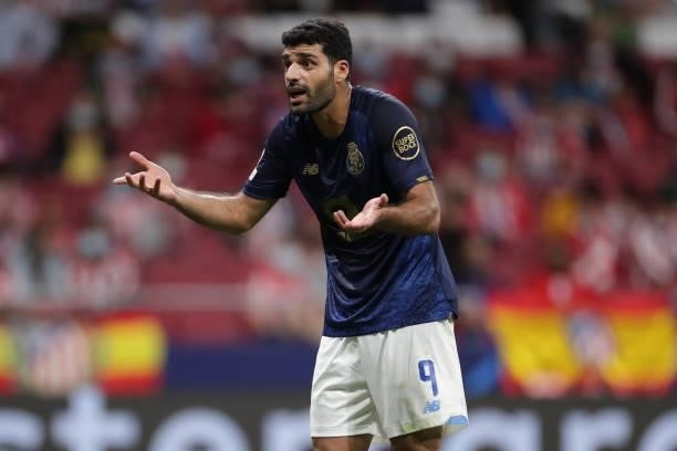 Mehdi Taremi of FC Porto protests during the UEFA Champions League group B match between Atletico Madrid and FC Porto at Wanda Metropolitano on...