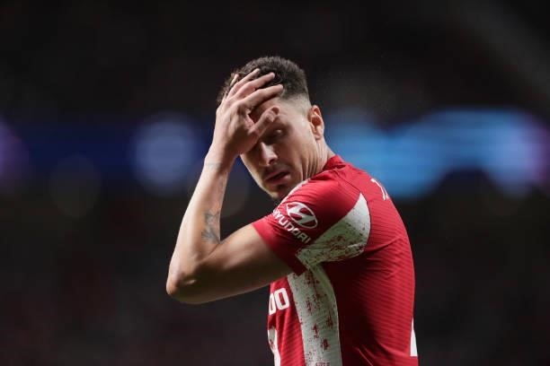 Jose Maria Gimenez of Atletico de Madrid reacts during the UEFA Champions League group B match between Atletico Madrid and FC Porto at Wanda...