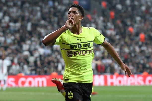 Jude Bellingham of Borussia Dortmund celebrates after scoring their side's first goal during the UEFA Champions League group C match between Besiktas...
