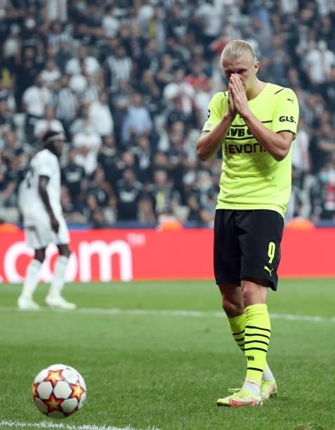 Erling Haaland of Borussia Dortmund reacts during the UEFA Champions League group C match between Besiktas and Borussia Dortmund at Vodafone Park on...
