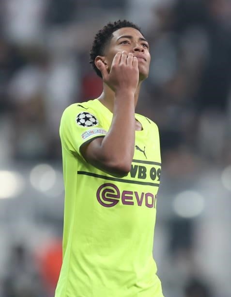 Jude Bellingham reacts during the UEFA Champions League group C match between Besiktas and Borussia Dortmund at Vodafone Park on September 15, 2021...
