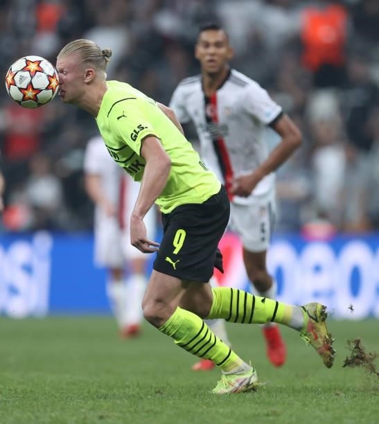 Erling Haaland of Borussia Dortmund controls the ball during the UEFA Champions League group C match between Besiktas and Borussia Dortmund at...