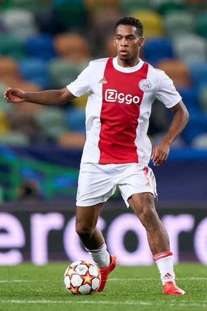 Jurrien Timber of Ajax in action during the UEFA Champions League group C match between Sporting CP and AFC Ajax at Estadio Jose Alvalade on...