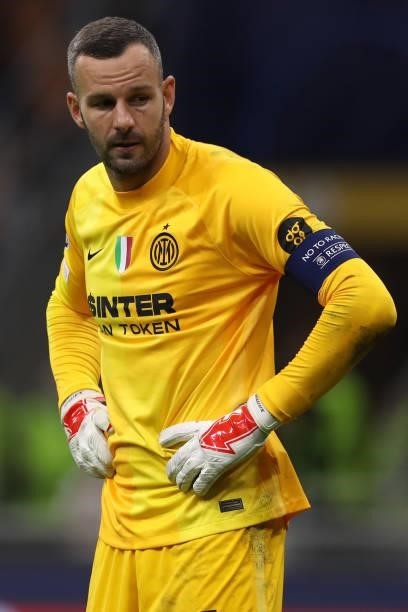 Samir Handanovic of FC Internazionale reacts during the UEFA Champions League group D match between Inter and Real Madrid at Giuseppe Meazza Stadium...