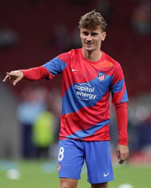 Antoine Griezmann of Atletico de Madrid reacts as he warms up before the UEFA Champions League group B match between Atletico Madrid and FC Porto at...