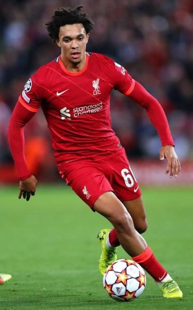 Trent Alexander-Arnold of Liverpool controls the ball during the UEFA Champions League group B match between Liverpool FC and AC Milan at Anfield on...