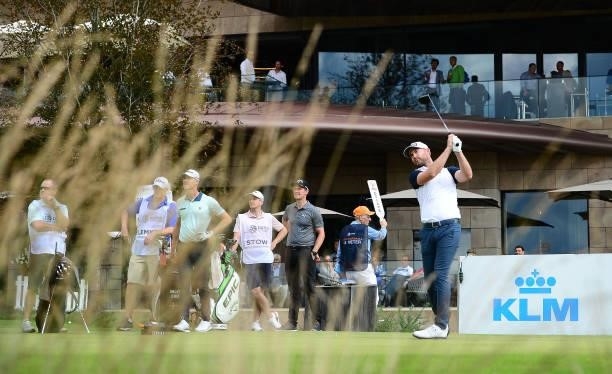 Bryce Easton of South Africa tees off the first hole during Day One of the Dutch Open at Bernardus Golf on September 16, 2021 in Cromvoirt,...