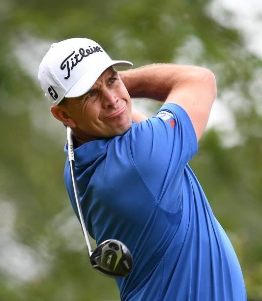 Louis de Jager of South Africa tees off the 10th hole during Day One of the Dutch Open at Bernardus Golf on September 16, 2021 in Cromvoirt,...